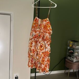 Caroline Constas Floral orange Chiffon Spaghetti Strap Dress